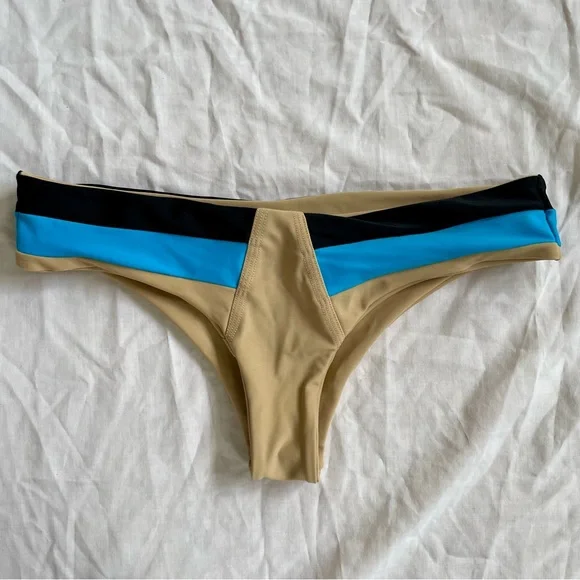 Black blue beige sprinted striped bikini swim set strapless bandeau, low rise S - Picture 6 of 10